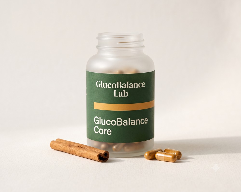 GlucoBalance Core supplement bottle on a light lab surface